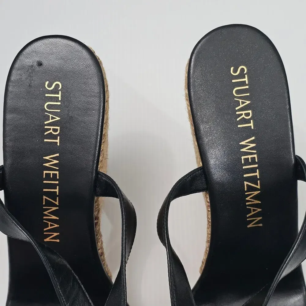 Stuart Weitzman 5050 Espadrille Wedge Platform Sandal 11 Black Leather Cork - Picture 7 of 14